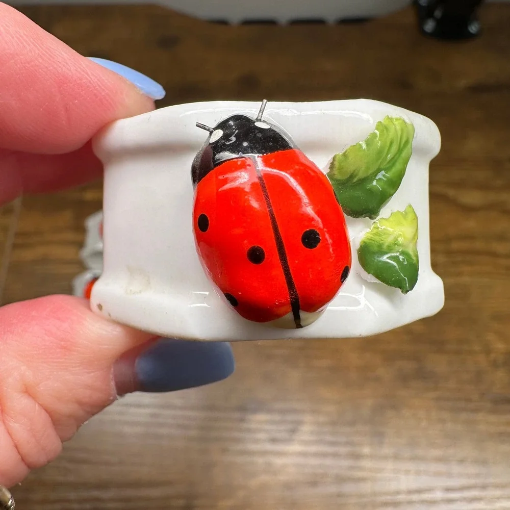 Vintage Ladybug Ceramic Napkin Rings Set of 4 White Octagon Cottagecore Spring